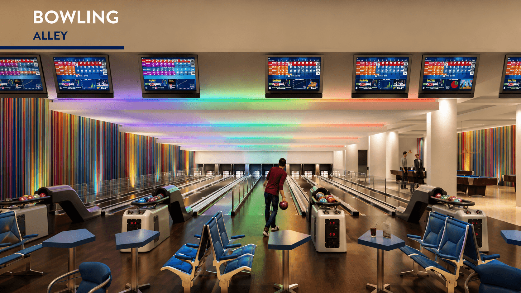 Bowling alley with colorful lighting at Hotel Venecia