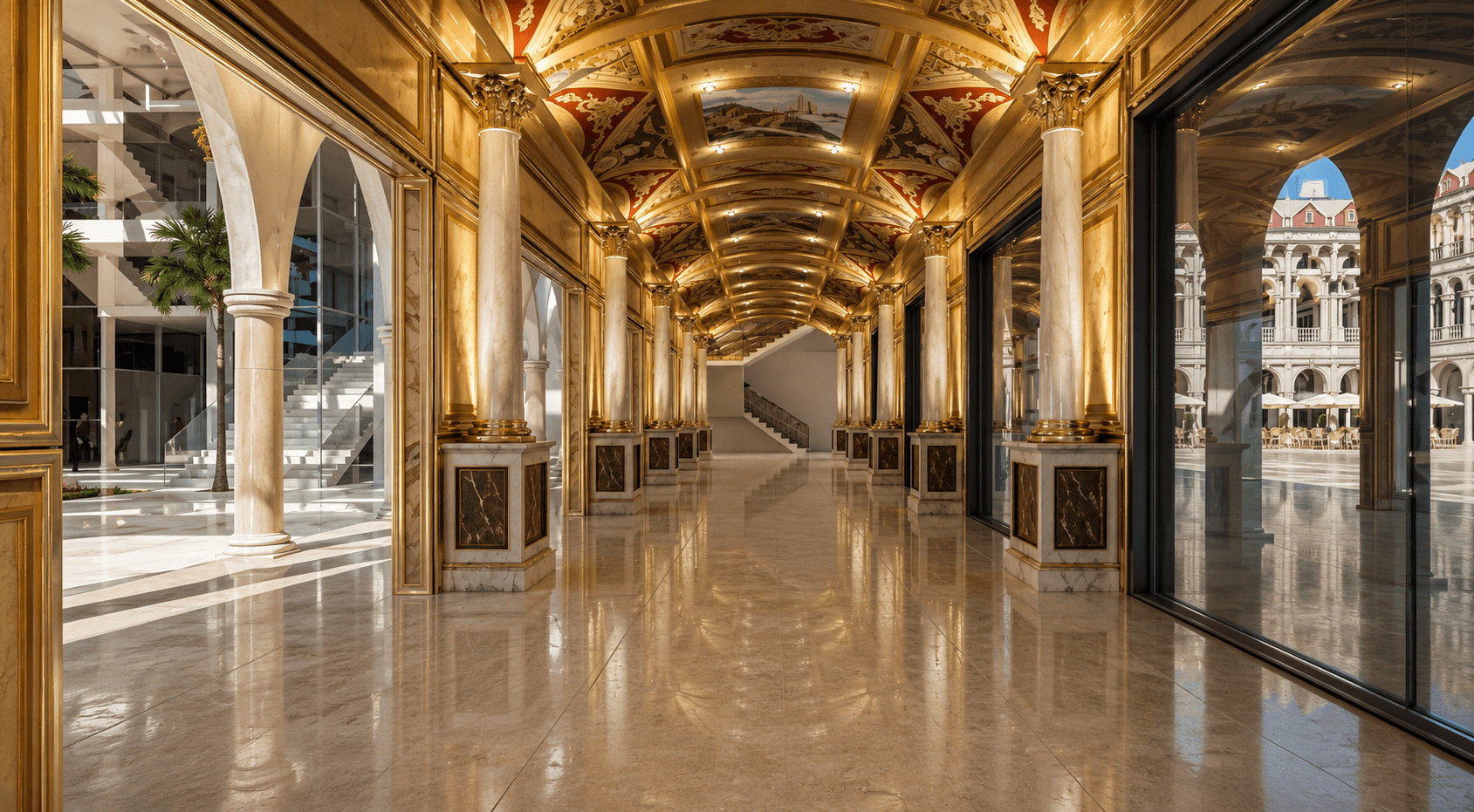 Grand marble gallery at Hotel Venecia