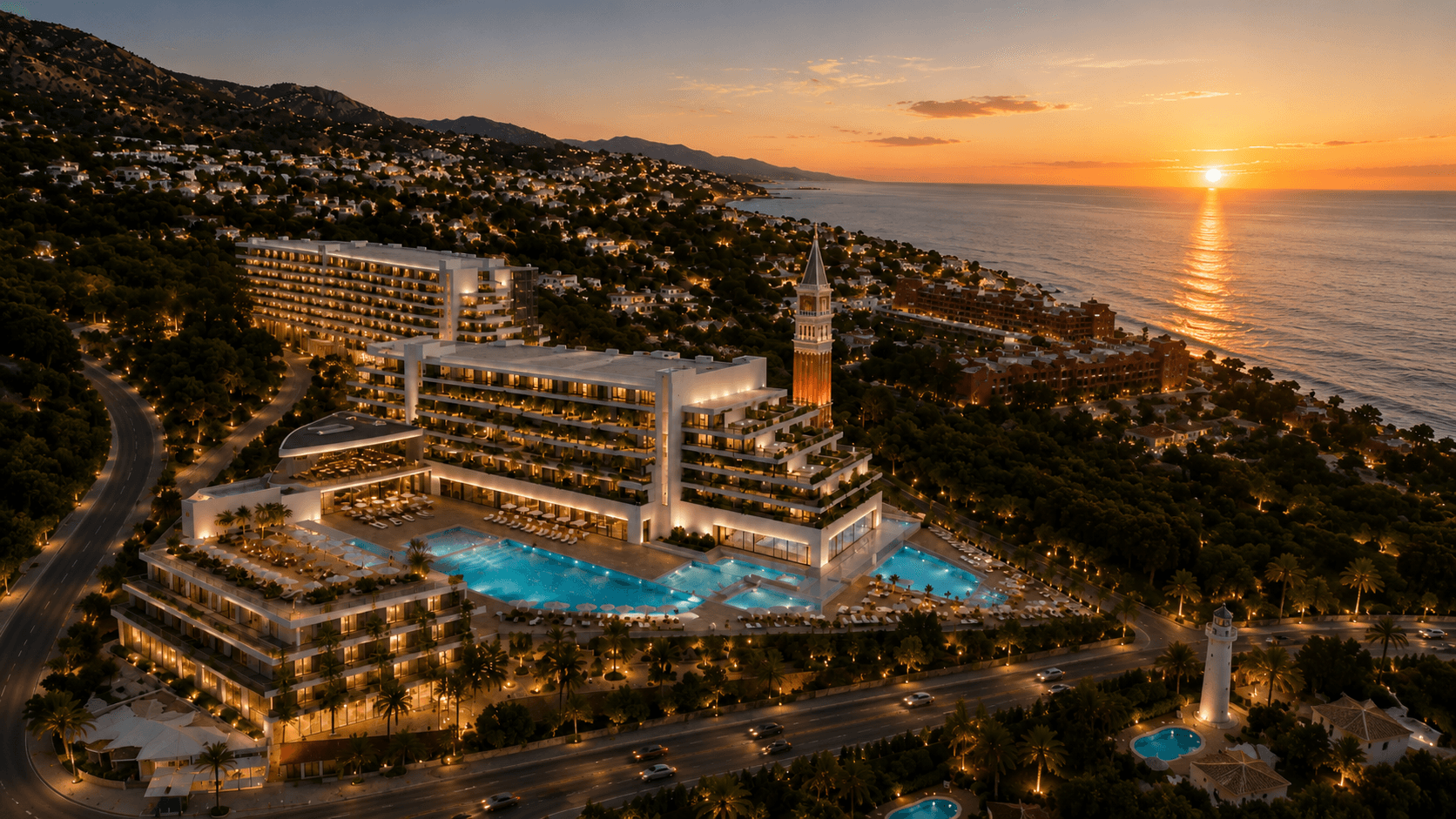 Sunset aerial view of Hotel Venecia's campanile, pools, and coastline