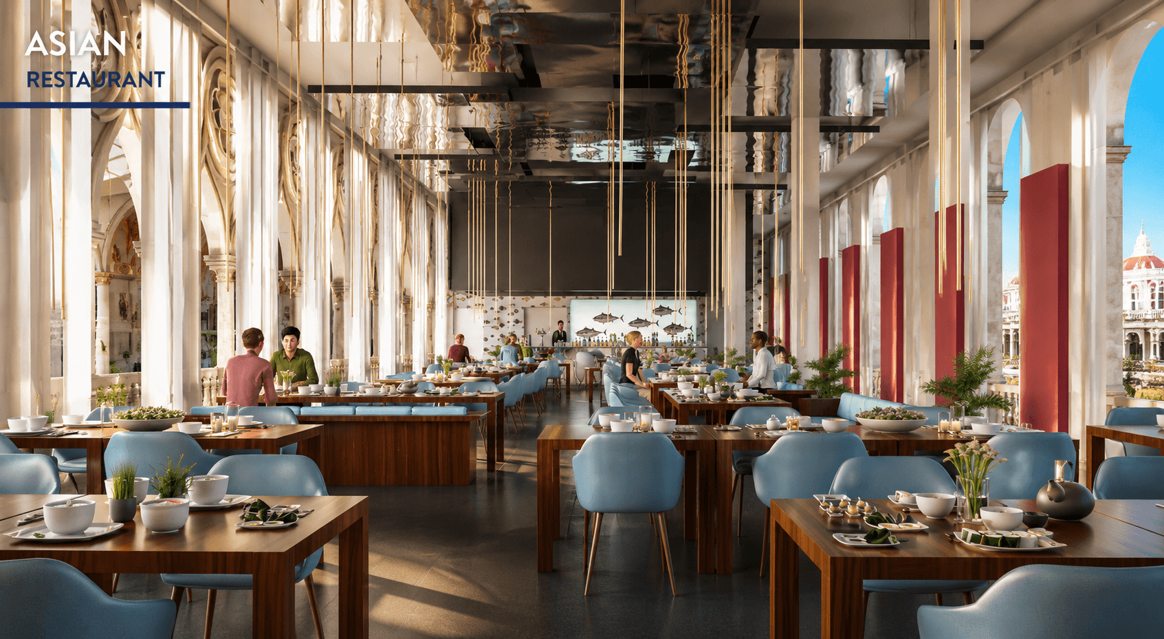 Asian restaurant with colonnaded dining hall at Hotel Venecia