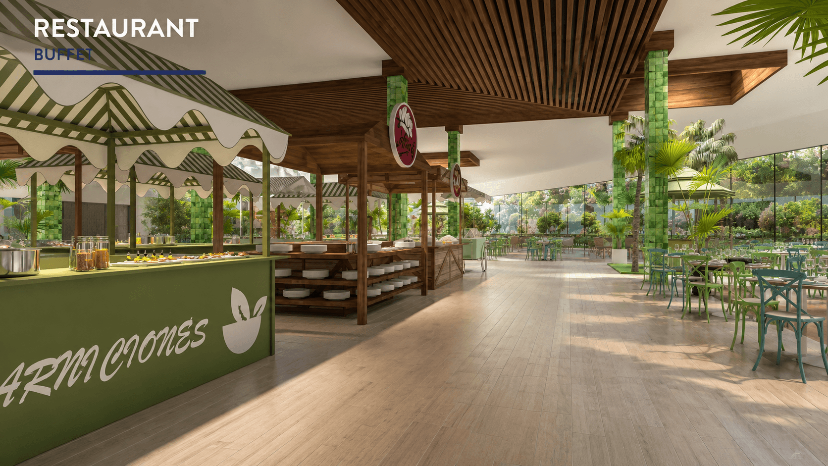 Buffet restaurant with garden terrace seating at Hotel Venecia
