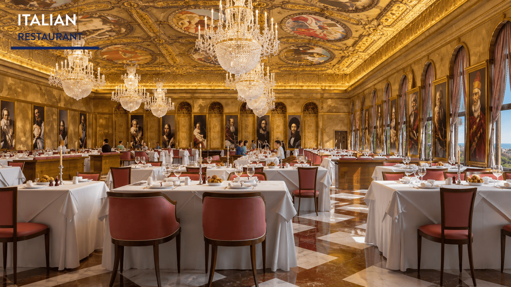 Italian restaurant with gold fresco ceiling and chandeliers at Hotel Venecia
