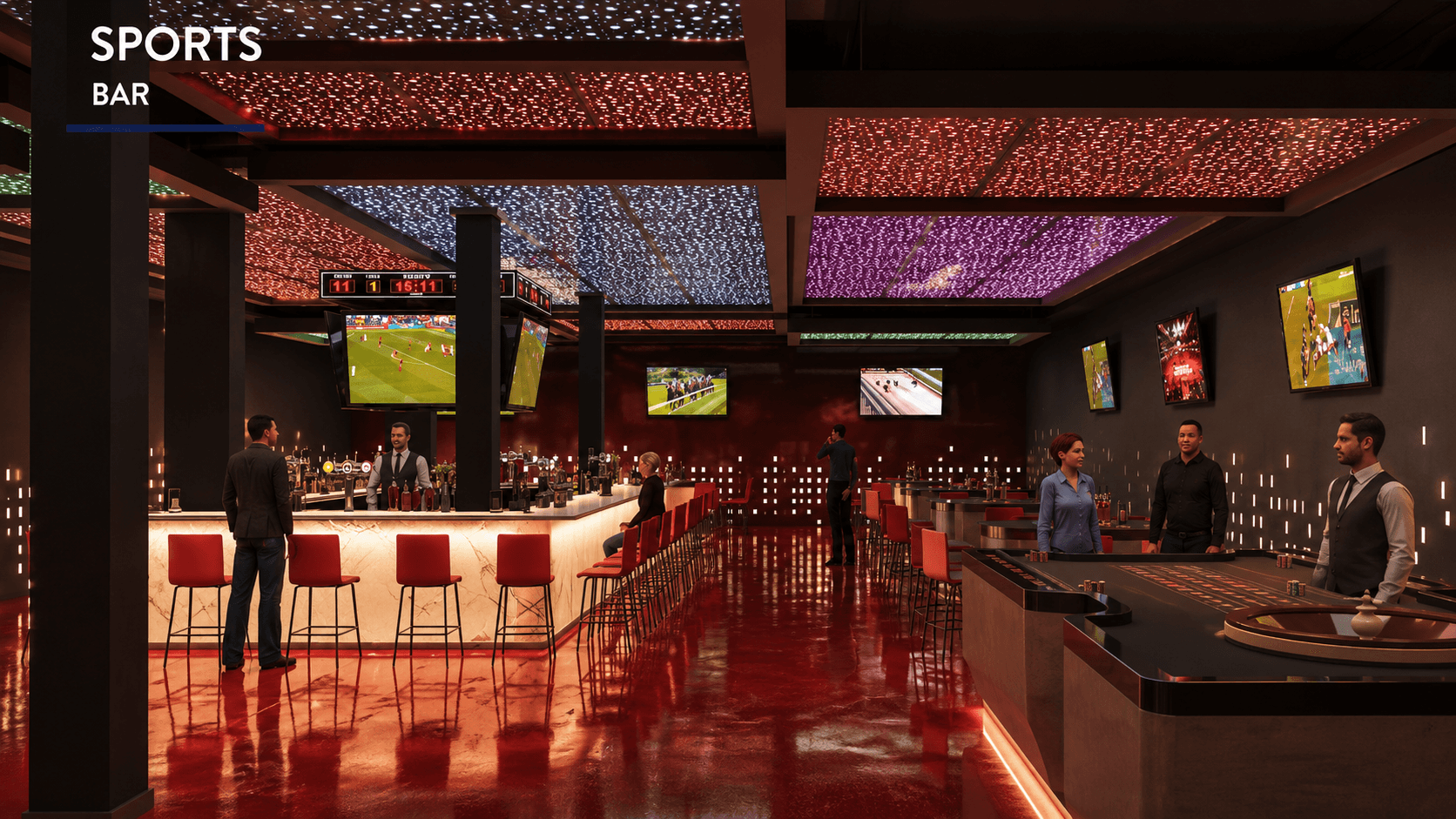 Sports bar and casino gaming tables at Hotel Venecia