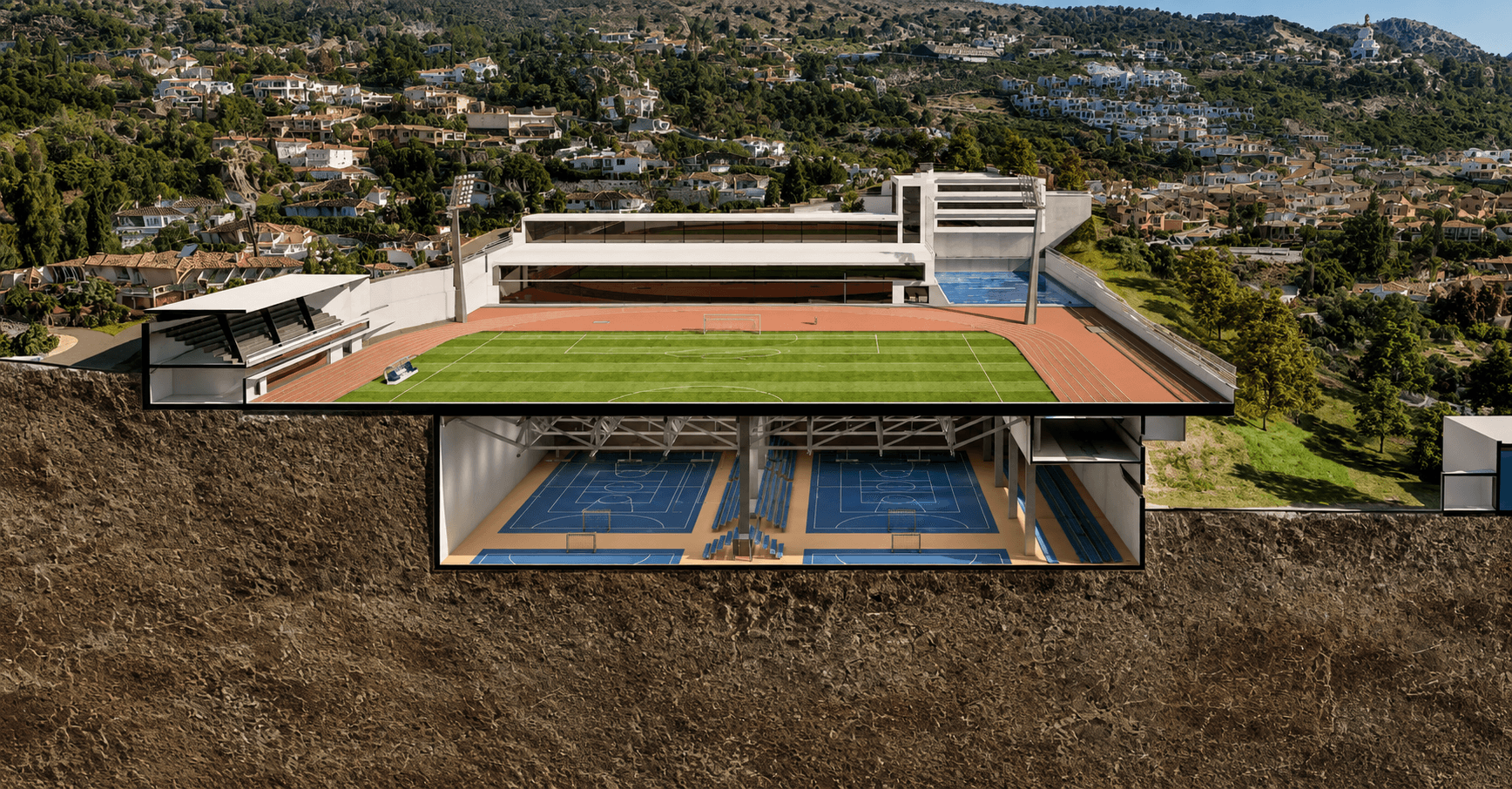 Aerial view of the High Performance Sports Center's natural grass stadium and Olympic-standard athletics track