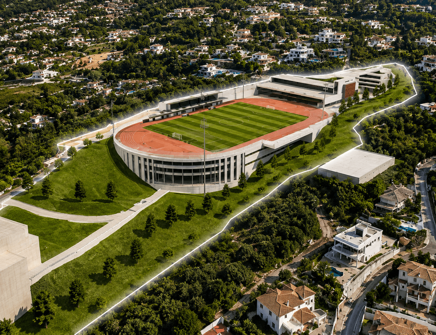 Aerial view of the High Performance Sports Center's natural grass stadium and Olympic-standard athletics track